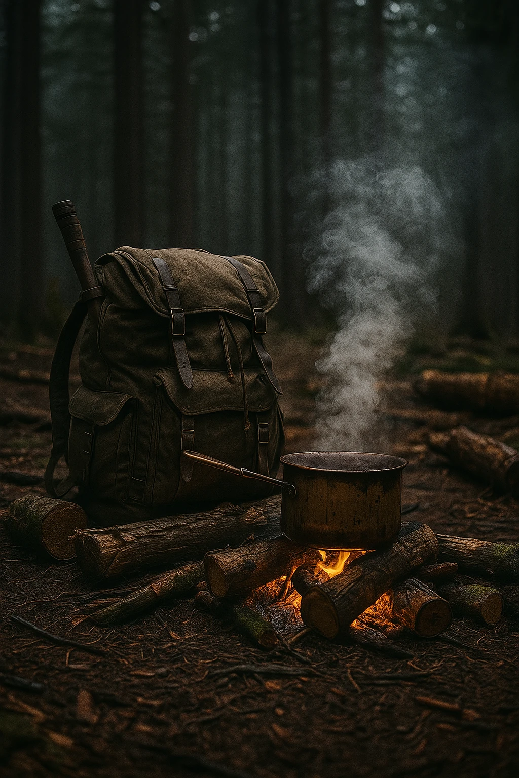 Sac de voyage et feu de camp dans une forêt sombre, visuel de l’univers des Terres Unifiées