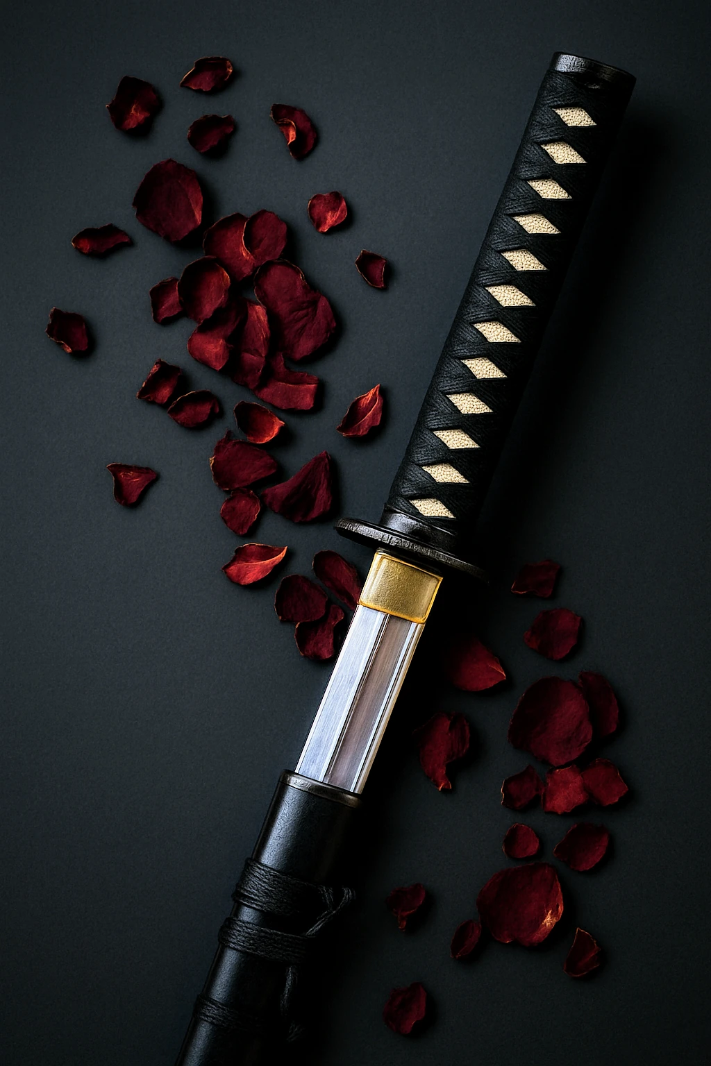 Katana entouré de pétales rouges, visuel de l’univers des Terres Unifiées