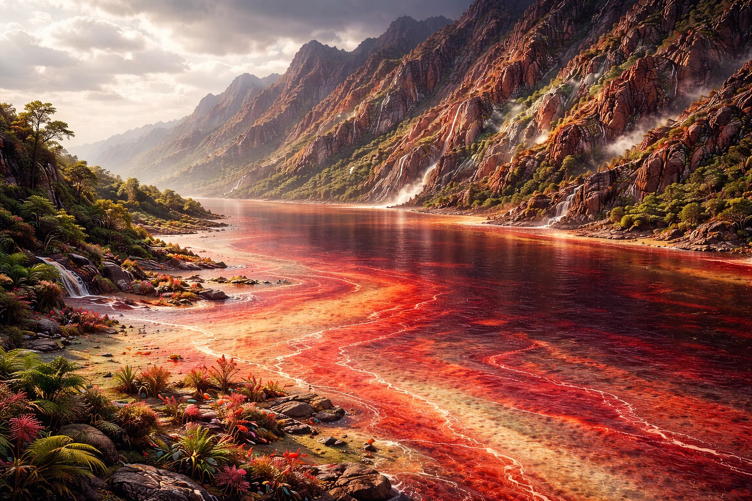 Paysage montagneux traversé par un fleuve rouge, visuel de l’univers des Terres Unifiées