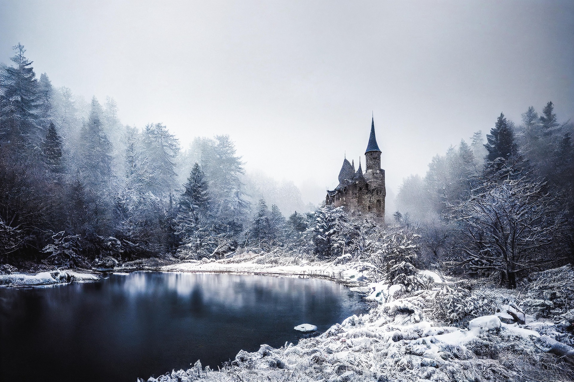 Château isolé au cœur d’un paysage enneigé